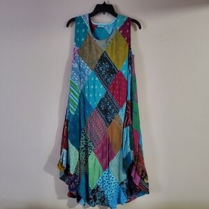 Quilted A-line 100% Rayon Bohemian Summer Dress Patchy Colourful Size Large